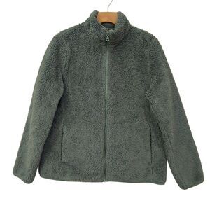 Uniqlo Womens Large Green Fluffy Fleece Sherpa Jacket Full ZipMock Neck Cozy